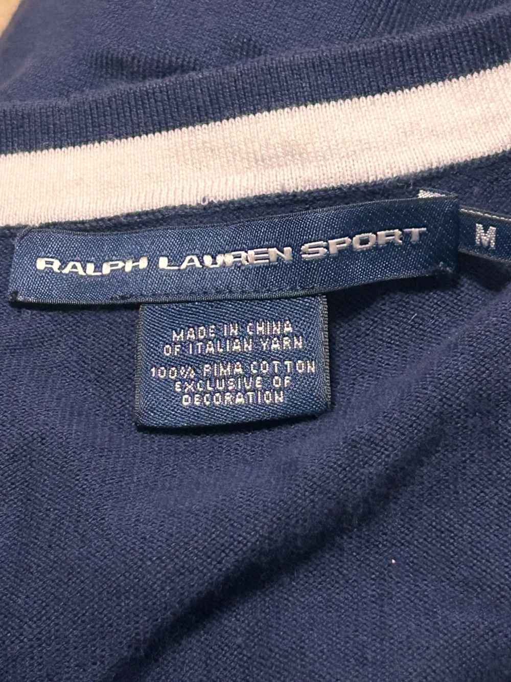 Ralph Lauren Sport Navy Blue Knit V-Neck Cardigan Sweater White Contrast Preppy